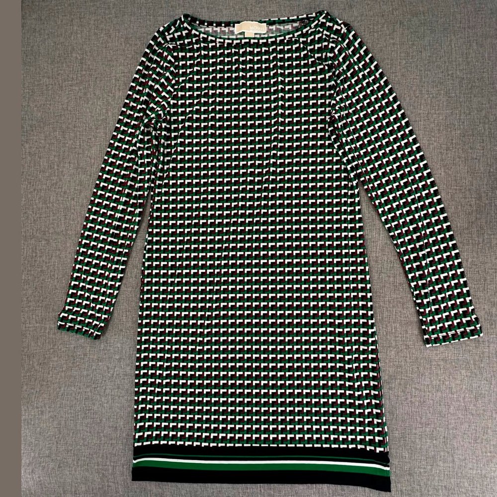 Michael Michael Kors Dress Geometric Print Small Long Sleeve Stretch Green White